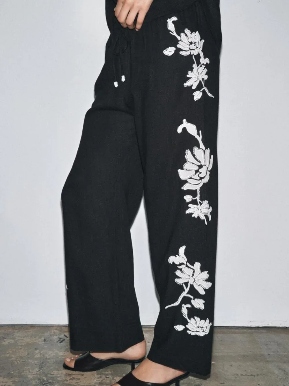 ZARA ZW Collection Embroidered Linen Blend Co Ord Set Shirt Pants Black L NWT